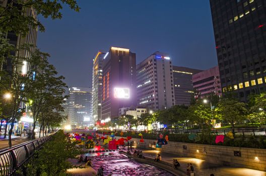 cheong gye cheon stream in central seoul south korea at night