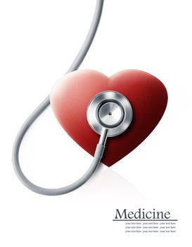 Close up view of grey stethoscope with heart on white back