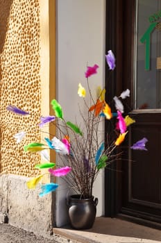 Easter feathers in a pot.