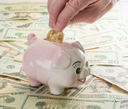 Fingers placing a single gold coin into the slot on a piggy bank with $20 dollar notes on table