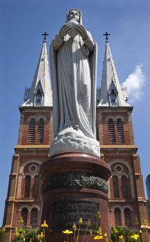 Notre Dame Cathedral, Nha Tho Duc Ba, build in 1883 largest cathedral in French Embpire Virgin Mary Statue Added in 1959 Saigon Ho Chi Minh City Vietnam