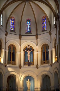 Stained Glass, Christ Crucifix, Mary Statue, Notre Dame Cathedral, Nha Tho Duc Ba, built in 1883 largest cathedral in French Empire Saigon Ho Chi Minh City Vietnam
