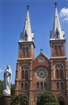 Notre Dame Cathedral, Nha Tho Duc Ba, built in 1883 largest cathedral in French Empire Virgin Mary Statue Added in 1959 Saigon Ho Chi Minh City Vietnam