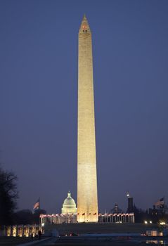 Washington Monument US Capital Smithsonian Castle with World War II Memorial In Front Evening Washington DC