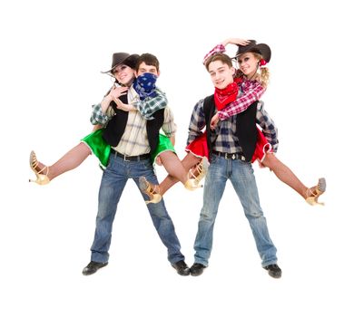 cabaret dancer team dressed in cowboy costumes dancing.  Isolated on white background in full length.