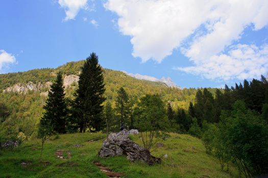View of Julian Alps in the Slovenian countryside