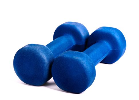 Two blue dumbbells isolated on a white background