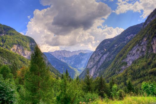 View of Julian Alps in the Slovenian countryside