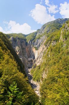 View of dried Waterfall of Boka river, Kanin mountain in the Slovenian Julian Alps