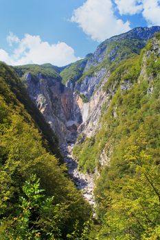 View of dried Waterfall of Boka river, Kanin mountain in the Slovenian Julian Alps