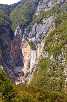 View of dried Waterfall of Boka river, Kanin mountain in the Slovenian Julian Alps