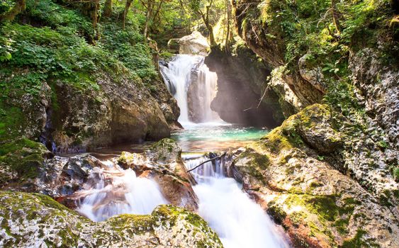 View of Waterfall in the Slovenian Julian Alps