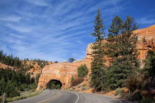 Road to Bryce Canyon National Park through tunnel in the rock