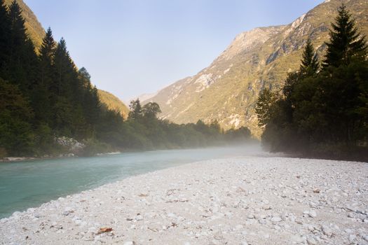 The fog on the Soca river, Slovenian Julian Alps