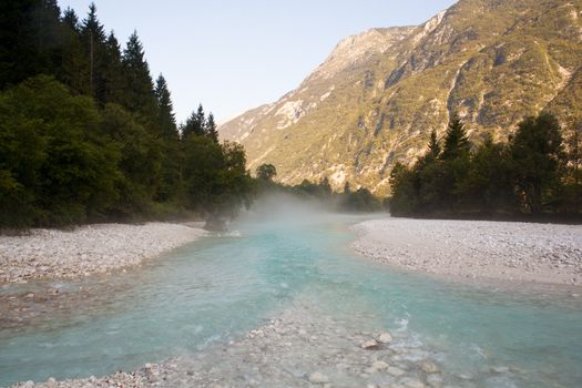 The fog on the Soca river, Slovenian Julian Alps