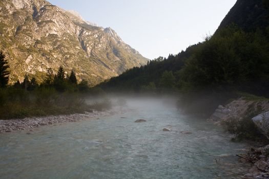 The fog on the Soca river, Slovenian Julian Alps
