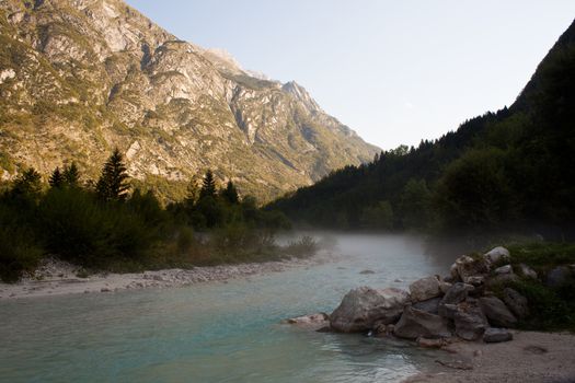 The fog on the Soca river, Slovenian Julian Alps
