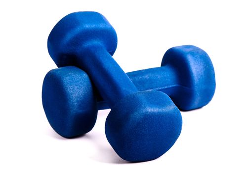 Two blue dumbbells isolated on a white background