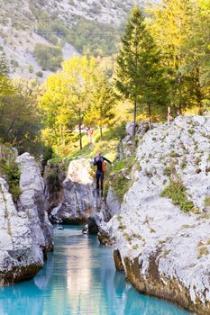 Diving in the Slovenian Soca river in the summer