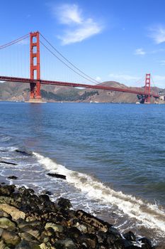 vertical view of famous Golden Gate Bridge in San Francisco, California, USA 