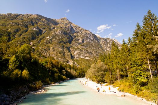 View of people in relax, Slovenian Soca river