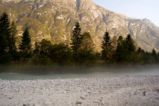 The fog on the Soca river, Slovenian Julian Alps