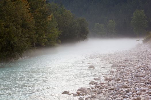The fog on the Soca river, Slovenian Julian Alps