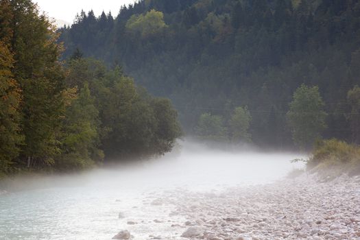 The fog on the Soca river, Slovenian Julian Alps
