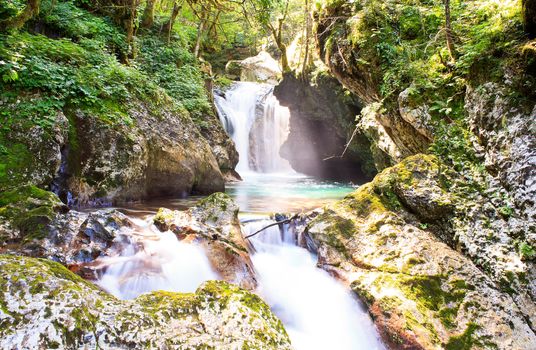 View of Waterfall in the Slovenian Julian Alps