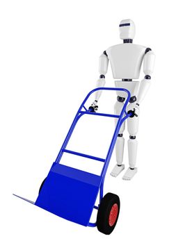 The robot and the blue pushcart on a white background