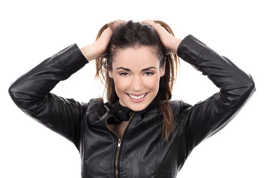 beautiful brown hair woman with hand in hair