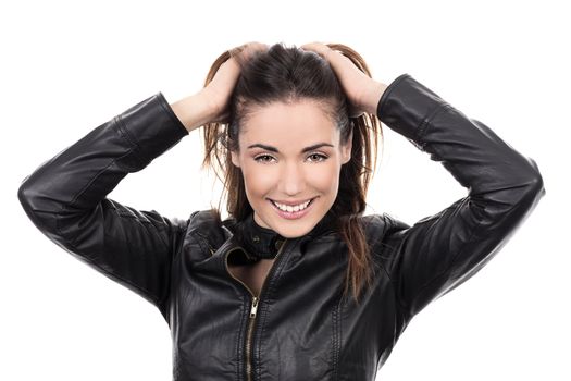 beautiful brown hair woman with hand in hair