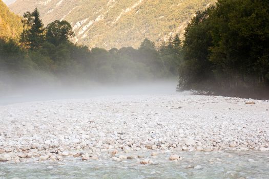 The fog on the Soca river, Slovenian Julian Alps