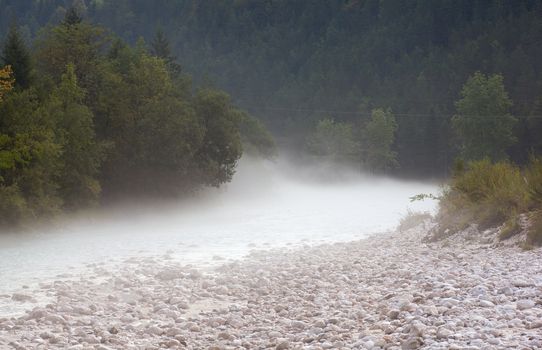 The fog on the Soca river, Slovenian Julian Alps