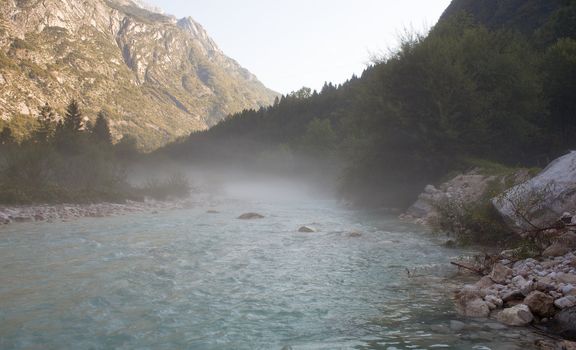 The fog on the Soca river, Slovenian Julian Alps