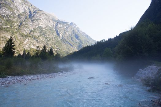 The fog on the Soca river, Slovenian Julian Alps