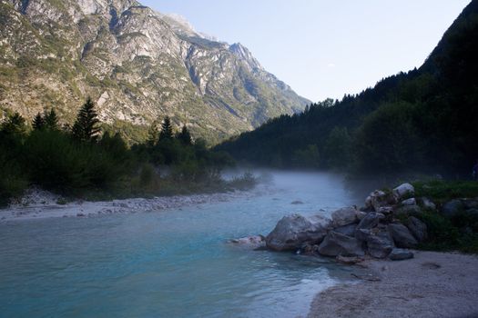 The fog on the Soca river, Slovenian Julian Alps