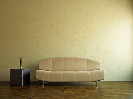 Yellow sofa in the livingroom near the wall