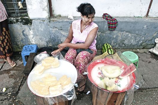 fruit vendor on street yangon myanmar burma