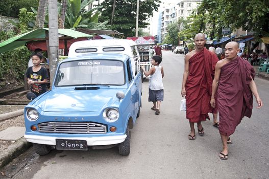 buddhist monks in yangon street myanmar burma