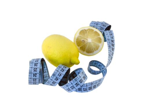 lemon composition with blue centimeter isolated on white background