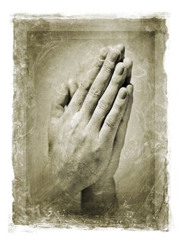 Grainy and stained image of hands clasped in a prayer.