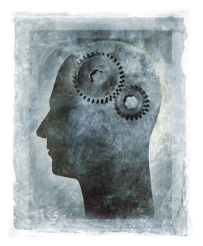 Grunge illustration of a human head with cog gears as the brain.