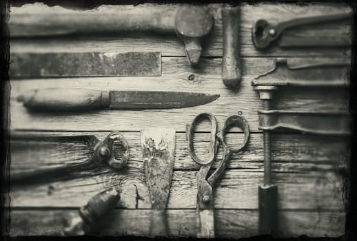 A collection of old rusty tools with grunge borders.