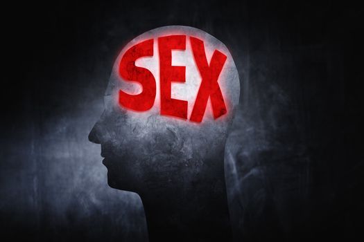 Word "Sex" glowing on a man's head insted of brains.