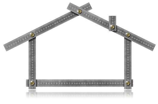 Metal meter tool forming a house with bolts and reflections
