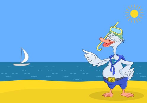 Cartoon: goose diver in the sea form and a mask for a scuba diving standing on the beach and watching a sailboat