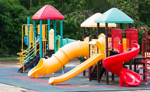 Colourful playground equipment at an outdoor park