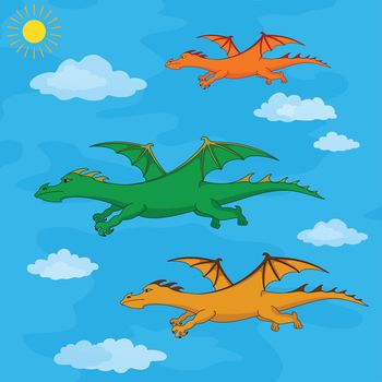 Cartoon, colorful dragons flies in the cloudy blue sky