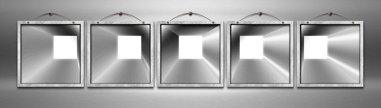 Five blank square metal frames hanging on a metal wall with metal cable
